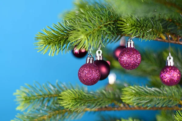 Close Branch Christmas Tree Shiny Dark Pink Tree Glass Ornament — Stock Photo, Image