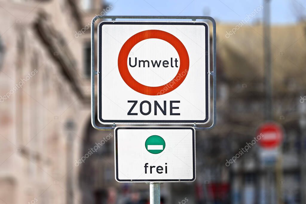Road traffic sign marking a low emission zone in city centers in Germany translating as 