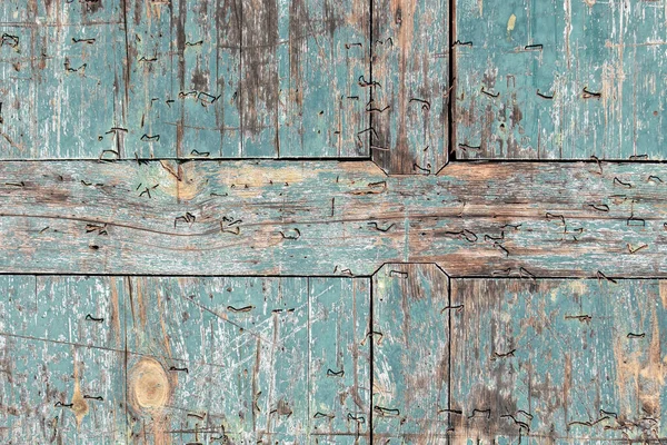 Old Wood Texture Background Teal Colored Chipped Paint Staples — Stock Photo, Image