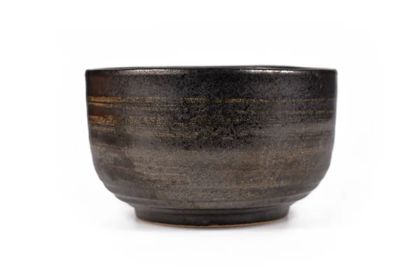 Dark Black Brown Unglaced Ceramic Bowl Isolated White Background — Stock Photo, Image