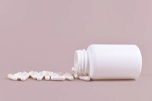 Medical Capsule Pills Spilling Blank Container — Stockfoto