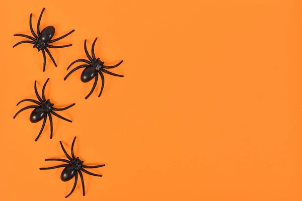 Plastic Spiders Side Bright Orange Halloween Background Empty Copy Space — Stock Photo, Image