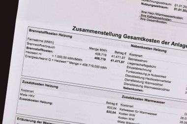 Germany - September 2021: Heating costs listed in German service charge statement clipart