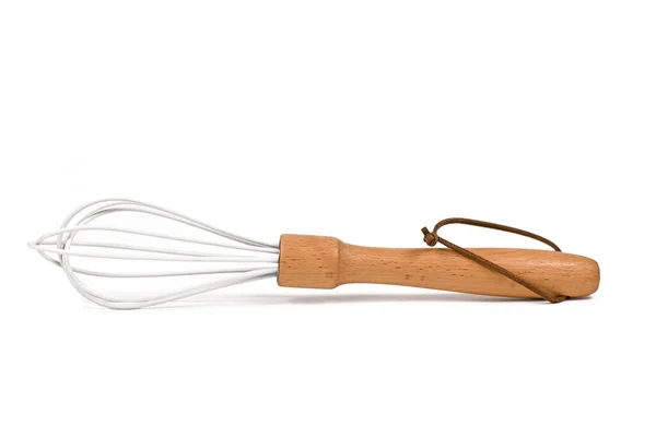 Whisk Wooden Handle White Painted Steel White Background — Stock Photo, Image