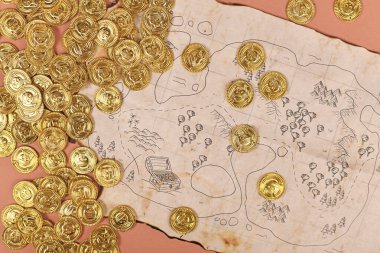 Pirate treasure map with toy gold coins for children clipart