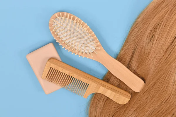 Gezonde Haarverzorging Routine Met Eco Vriendelijke Solide Shampoo Bar Houten — Stockfoto
