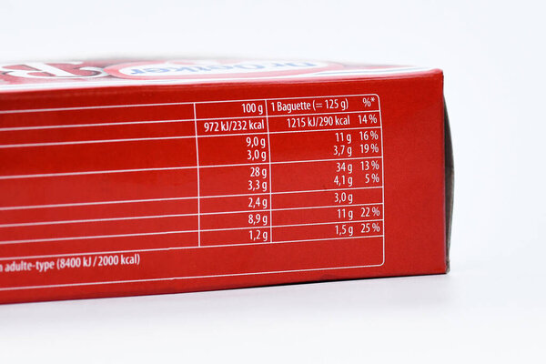 Germany - August 2025: Close up of nutritional label on ready to bake baguette with calories and nutrients