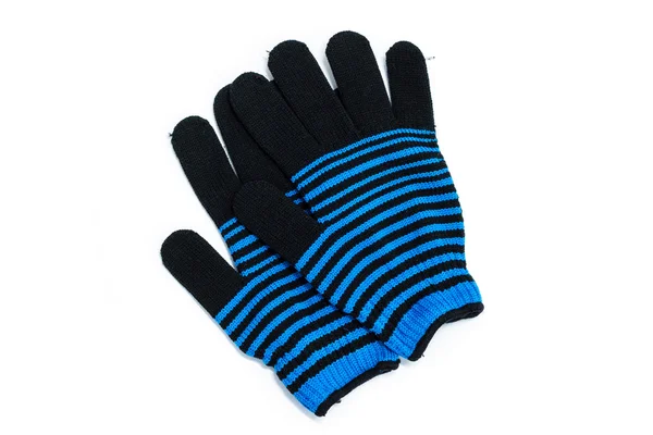 Modrý pruhovaný úplet rukavice izolovaných na bílém pozadí — Stock fotografie