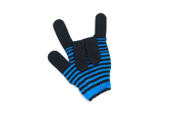 Blå stickad randig handskar Visa signalen kärlekens isolerad på whi — Stockfoto