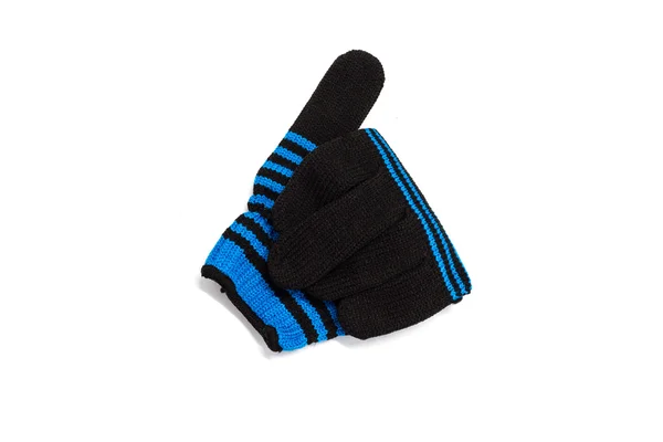 Blå stickad randig handskar Visa gest av tummen upp isolerade — Stockfoto