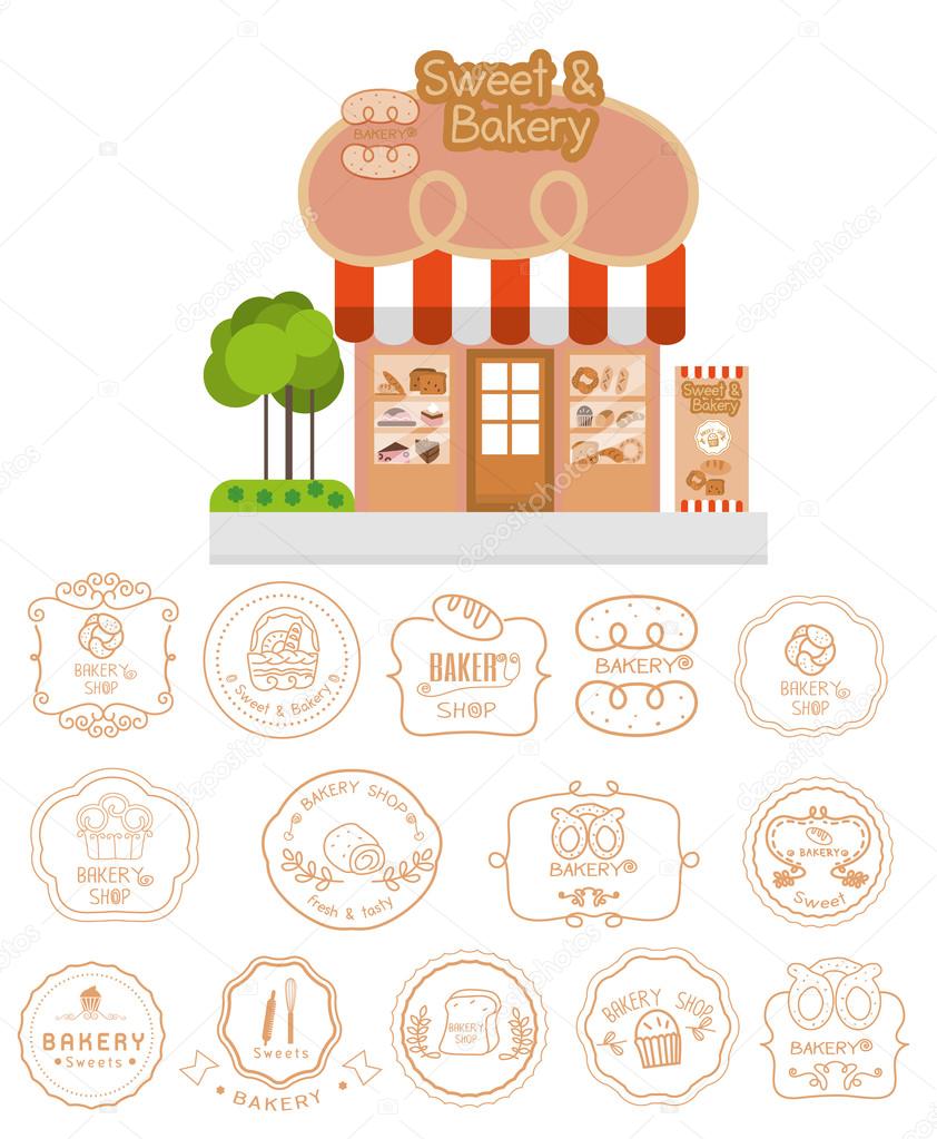 Bakery shop building facade with signboard and bakery logotypes set, bakery vintage design elements, logos, badges, labels, icons and objects.vector