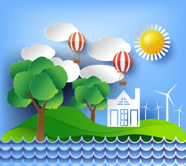 Arkadaşça ECO. Ağaç zeminli ekoloji kavramı. Vektör illüstrasyonu.