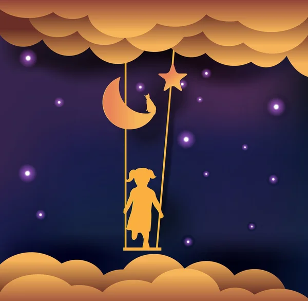 good night card, child on swing in sky, paper cut style, vector illustration