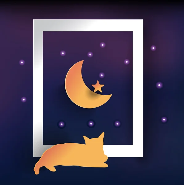 Boa noite cartão, lua de papel, gato ver lua, papel cortado estilo, vetor — Vetor de Stock