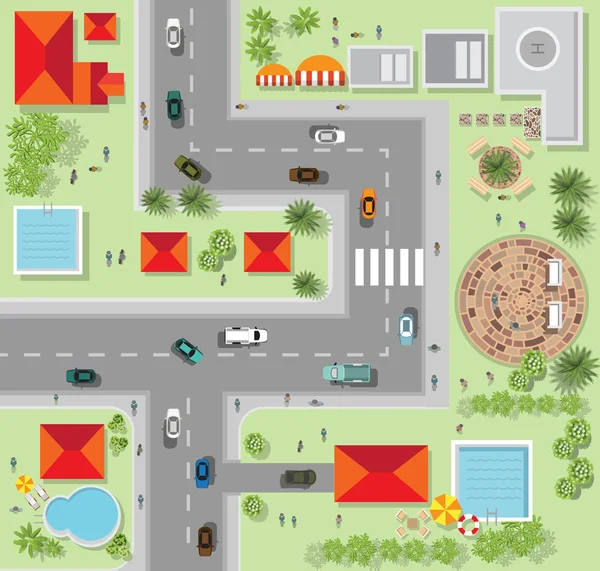 Vista superior de la ciudad de calles, caminos, casas, vector — Vector de stock