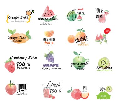 Meyve suyu için logoları ayarla, el kümesi suluboya etiketleri ve stickers.vector çizilmiş