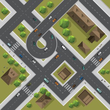 Kentin sokakları, yollar, evler, treetop, vektör Üstten Görünüm
