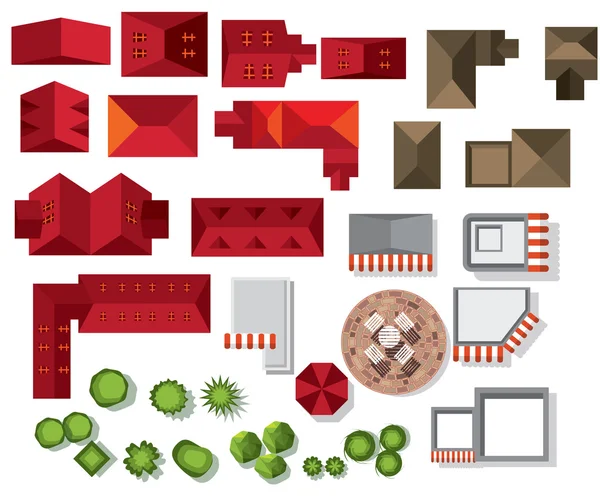 Conjunto de símbolos de copa de árbol, casa, tienda, silla para diseño arquitectónico o paisaje.vector — Vector de stock