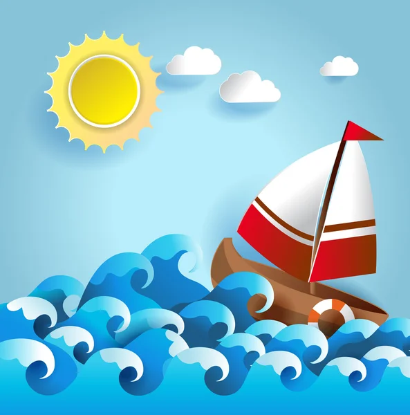 Sommaren bakgrund med segelbåt seglar i havet, papper skära stil .vector illustration — Stock vektor