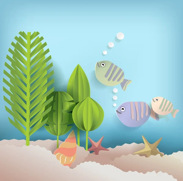 Fundo de verão com peixe e concha, papel style.vector ilustração — Vetor de Stock