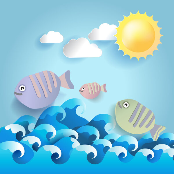 Summer background with fish ands un, paper style.vector illustration