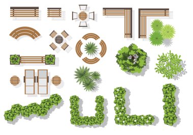 Set of vector wooden benches and treetop symbols. Collection for landscaping, top view, plan,
