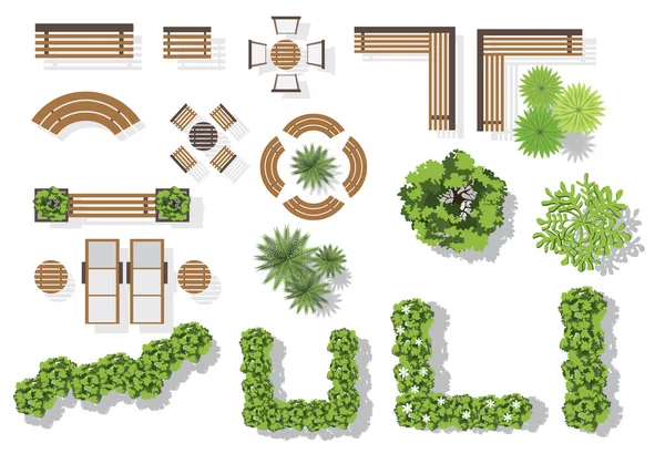 Set aus Vektor-Holzbänken und Baumwipfelsymbolen. Sammlung für Landschaftsbau, Draufsicht, Plan, — Stockvektor