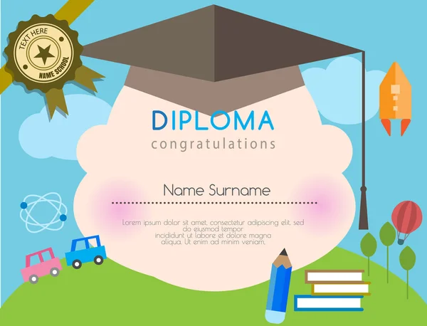 Diploma de los niños certificado preescolar fondo de la plantilla de diseño de la escuela primaria. vector ilustrador — Archivo Imágenes Vectoriales