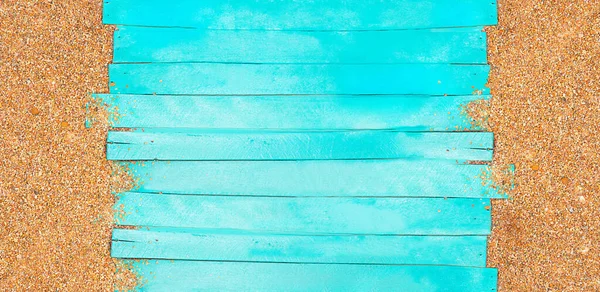 Marine Banner Turquoise Horizontal Wooden Jetty Planks Beach Pebble Sand — Stock Photo, Image