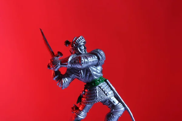 Medieval Knight Toy Red Background — Stock Photo, Image