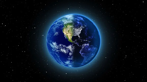 Планета Земля з сонцем у Всесвіті або космосі, глобус і галактика в туманній хмарі . — стокове фото