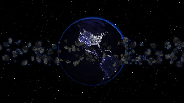 Planeetta Maa aurinko ja asteroidi maailmankaikkeudessa tai avaruudessa, Globe ja galaksi tähtisumu pilvi meteorit — kuvapankkivalokuva