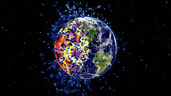 Terra che brucia o esplode dopo un disastro globale, Apocalisse asteroide impatto globo . Foto Stock Royalty Free
