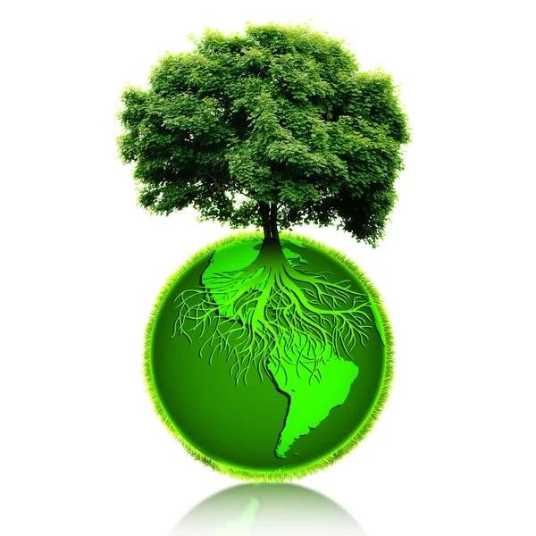 Pequeño planeta ecológico con árboles y raíces en él. Concepto Tierra Verde . — Foto de Stock