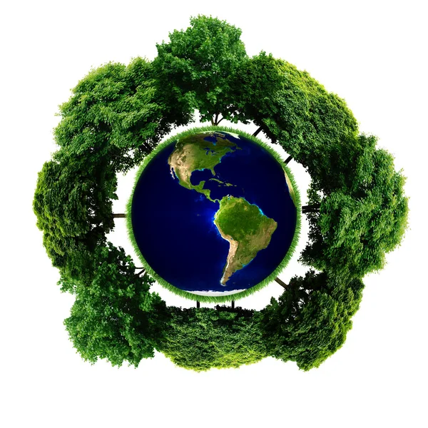 Pianeta ecologico con alberi intorno. eco terra — Foto Stock