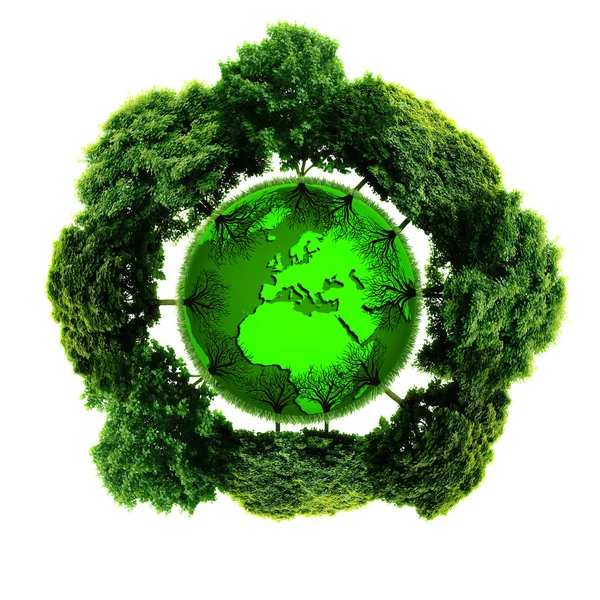 Ökologie-Planet mit umgebenden Bäumen. Öko-Erde — Stockfoto
