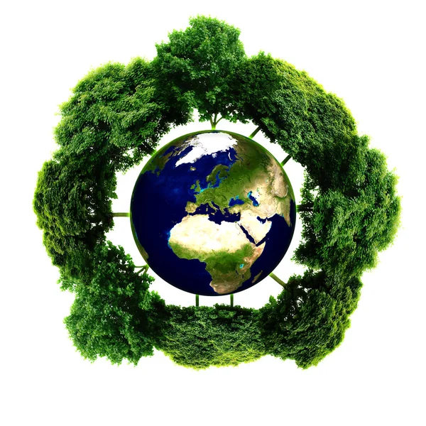 Ekologia planety z drzew wokół. Eco ziemi — Zdjęcie stockowe