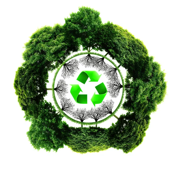 Recycler le logo avec l'arbre et la terre. Eco globe avec panneaux de recyclage — Photo
