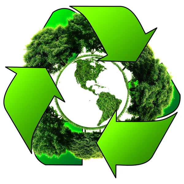 Reciclar el logotipo con árbol y tierra. Eco globo con signos de reciclaje — Foto de Stock