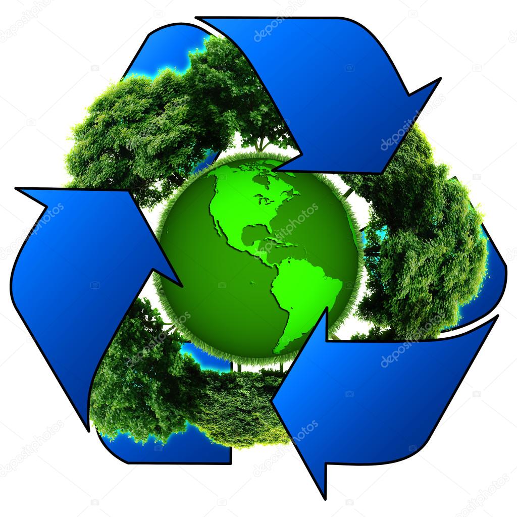 Recycle logo with tree and earth. Eco globe with recycle signs. (Elements of this 3d rendered image furnished by NASA)