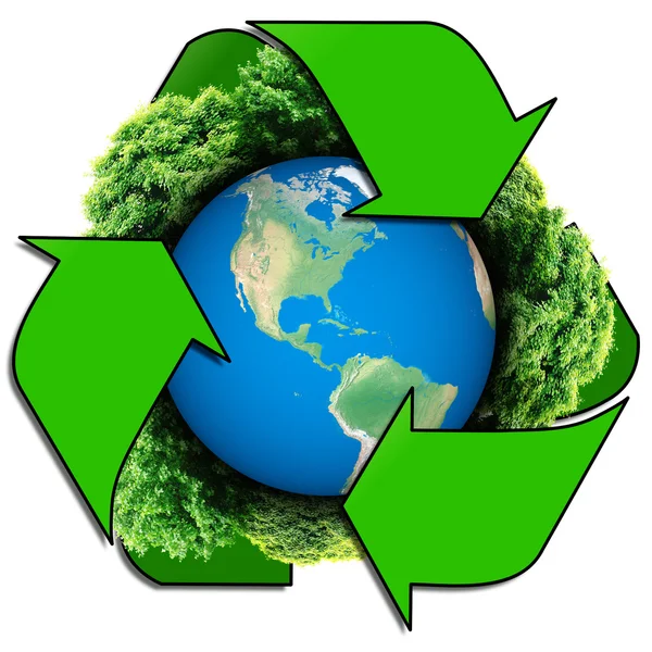 Логотип Recycle с деревом и землей. Эко-глобус с знаками переработки — стоковое фото