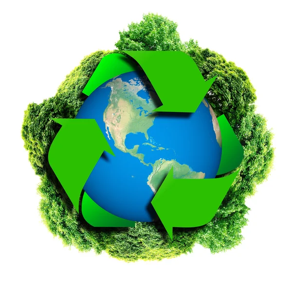 Recyklujte loga s strom a světě. Eco koule recyklaci zvěrokruhu — Stock fotografie