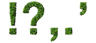 Alfabe işaretleri, harfler!? , . ' ünlem işareti, soru işareti, virgül, nokta, tırnak üzerinde beyaz arka plan izole yeşil yaprakları yapılmış.