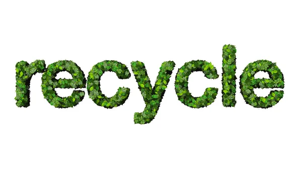 Word recycle made from green leaves isolated on white background. — Stock Photo, Image