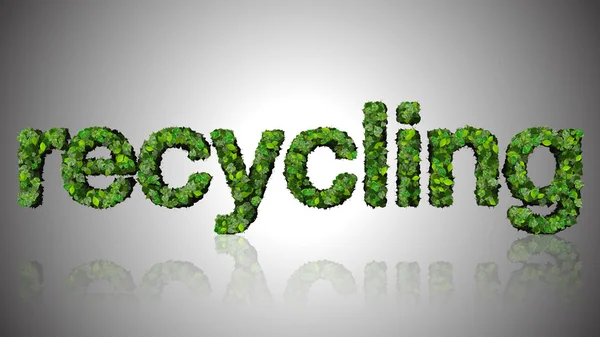 Słowo recyklingu wykonane z zielonych liści na białym tle. — Zdjęcie stockowe