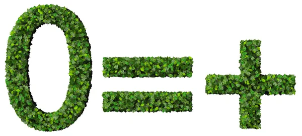 Lika med, plus, noll från gröna blad isolerad på vit bakgrund. — Stockfoto