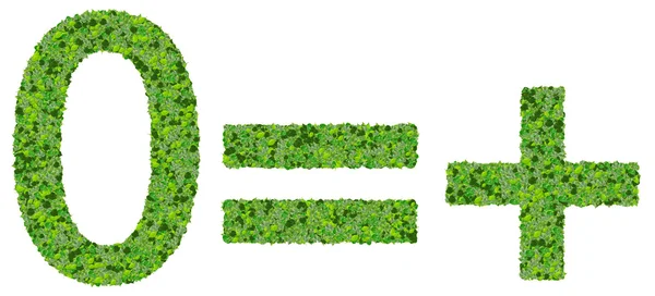 Eşittir, artı, beyaz arka plan üzerinde izole yeşil yaprakları yapılmış sıfır.