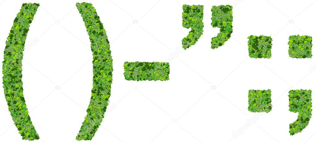 Parentheses, quotation marks, minus, semicolon, colon made from green leaves isolated on white background.