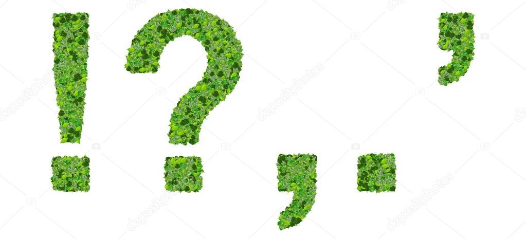Alphabet marks, letters ! ? , . ' exclamation mark, question mark, comma, period, quotation marks made from green leaves isolated on white background.