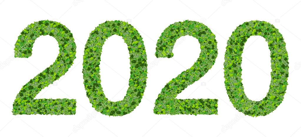 Year 2020 date made from green leaves isolated on white